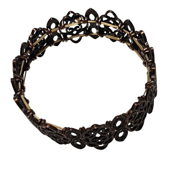 Vintage Elegant Bronze Filigree Bracelet Stretch Bangle Floral Fashion Jewelry - Picture 2 of 3